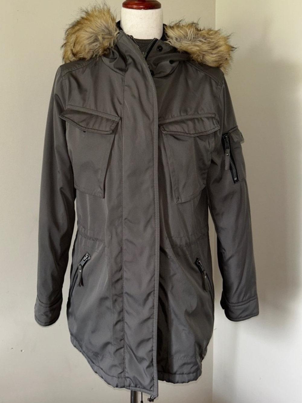 S13 New YorkLined Anorak Faux Fur Hooded Jacket Green/Gray Small Multi Pocket